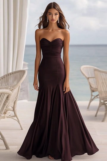 Strapless Coffee Mermaid Ruched Formal Dress